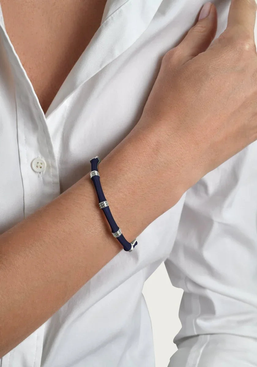 Bamboo Enameled Hinged Bangle, Silver - Anabel Aram