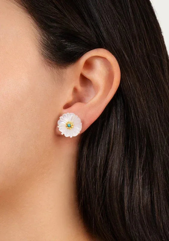 Milos Carved Stone Flower Stud Earrings, Pearl - Anabel Aram