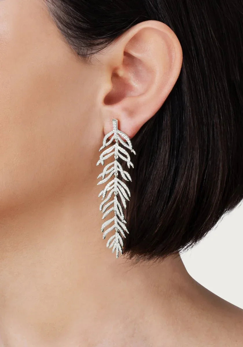 Palm Leaves Pave Dangle Earrings, Silver - Anabel Aram