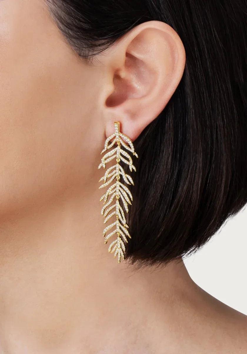 Palm Leaves Pave Dangle Earrings, Gold - Anabel Aram