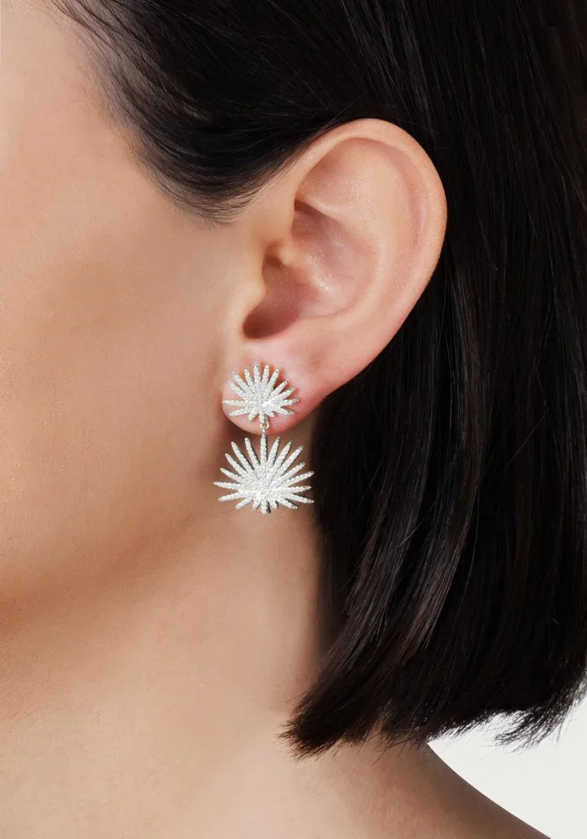 Palm Pave Double Fan Palm Earrings, Silver - Anabel Aram