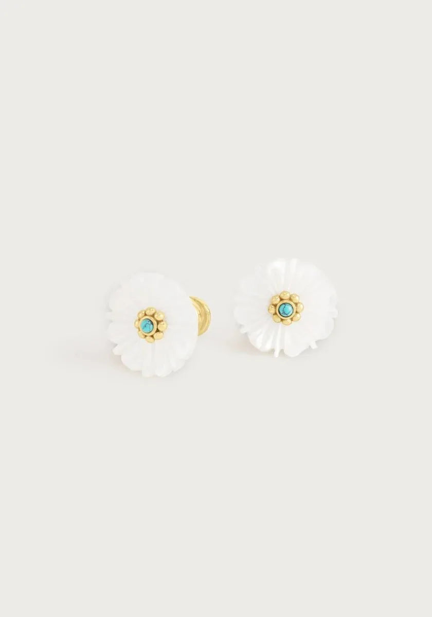 Milos Carved Stone Flower Stud Earrings, Pearl - Anabel Aram